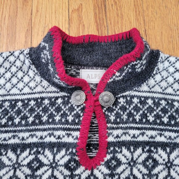 Alps XL Wool Nordic Sweater Metal Buttons Black White Gray Red Y2K 90s - Picture 2 of 8